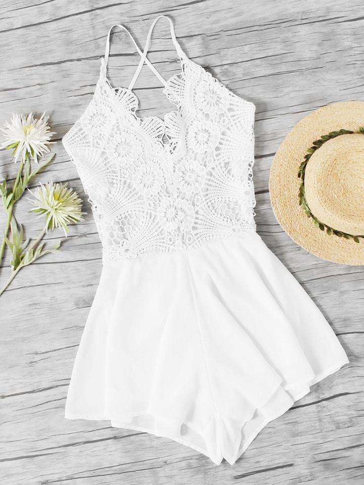 Romwe Lace Panel Criss Cross Open Back Romper