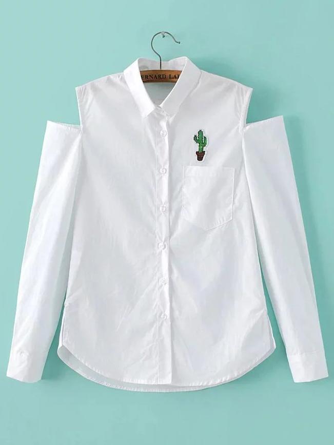Romwe White Cactus Embroidered Open Shoulder Blouse