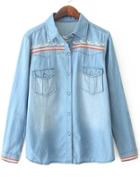 Romwe Embroidered Bleached Pockets Denim Blouse