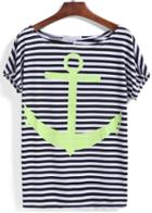 Romwe Striped Green Anchors Print T-shirt