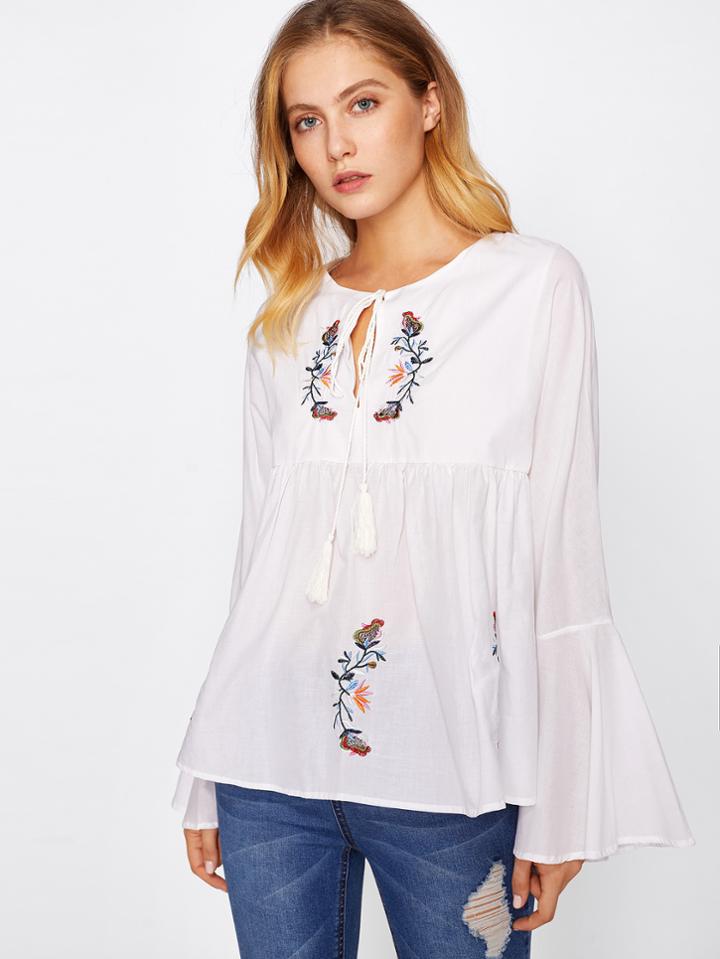 Romwe Tassel Tie Neck Bell Sleeve Flower Embroidery Top