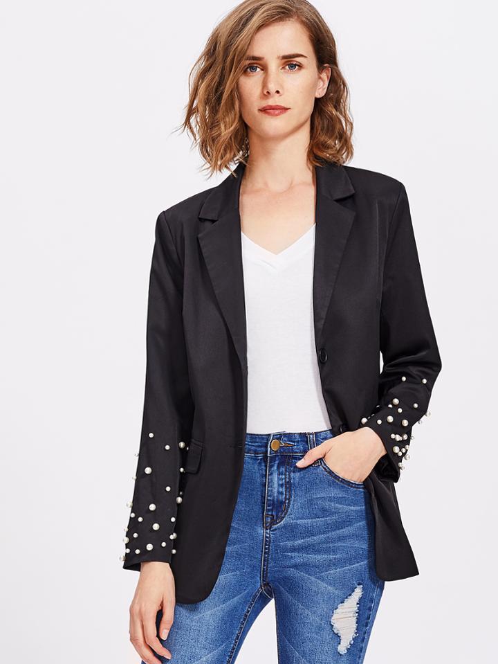 Romwe Pearl Beading Sleeve Blazer