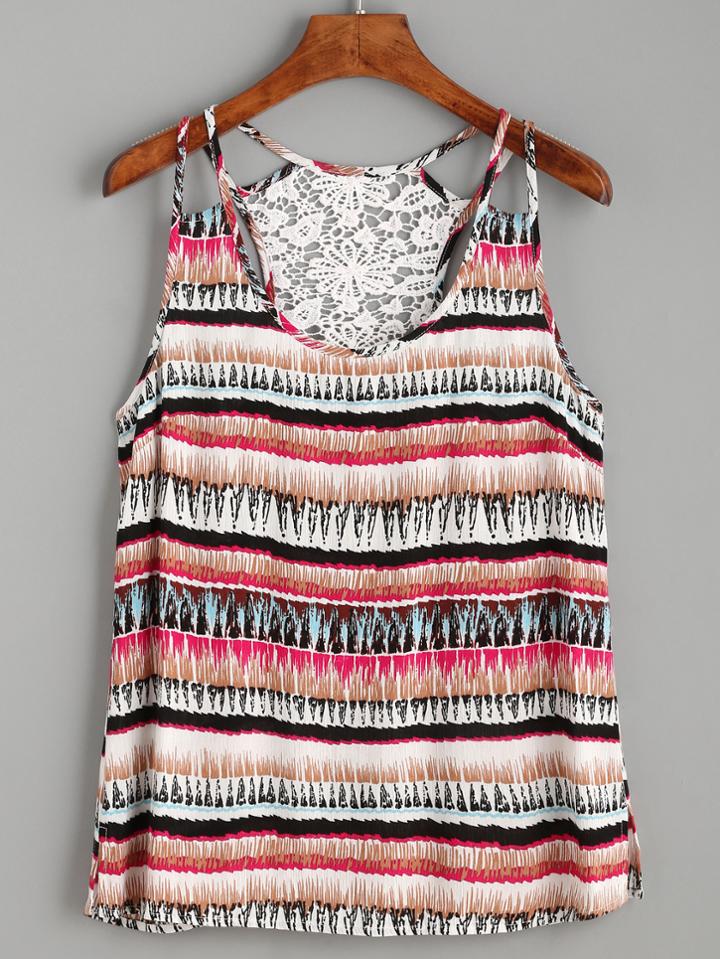 Romwe Multicolor Tribal Print Crochet Racerback Cami Top