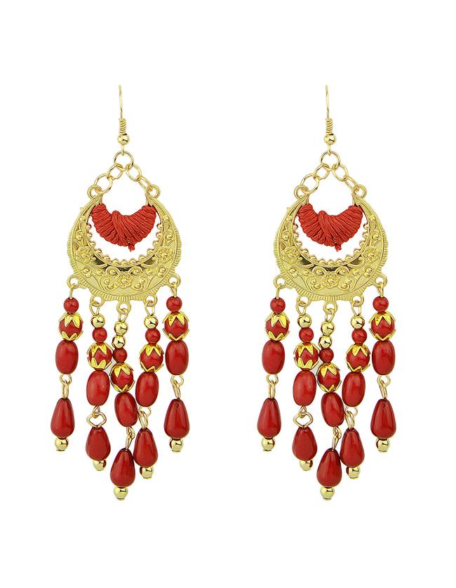 Romwe Red Bohemian Style Long Chandelier Beads Earrings
