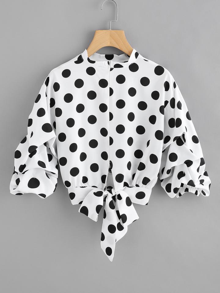 Romwe Polka Dot Print Bow Tie Hem Top