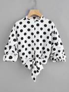 Romwe Polka Dot Print Bow Tie Hem Top
