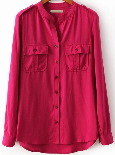 Romwe Epaulet Pockets Dipped Hem Red Blouse