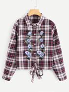 Romwe Floral Embroidered Knot Front Checked Shirt