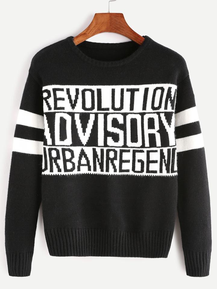 Romwe Black Varsity Striped Sleeve Letter Pattern Sweater