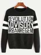 Romwe Black Varsity Striped Sleeve Letter Pattern Sweater