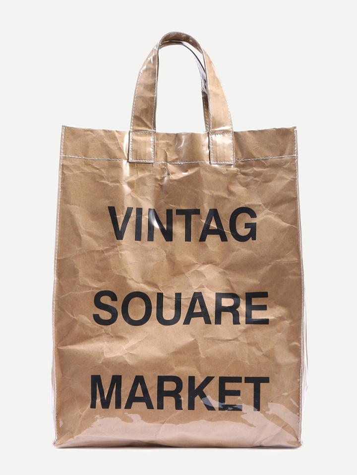 Romwe Camel Pvc Overlay Letter Print Kraft Paper Tote Bag