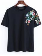 Romwe Black Flower Embroidery T-shirt