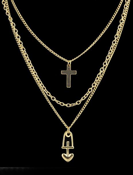Romwe Gold Cross Multilayers Chain Necklace