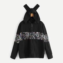 Romwe Plus Contrast Sequin Zip-up Hooded Jacket