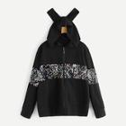 Romwe Plus Contrast Sequin Zip-up Hooded Jacket