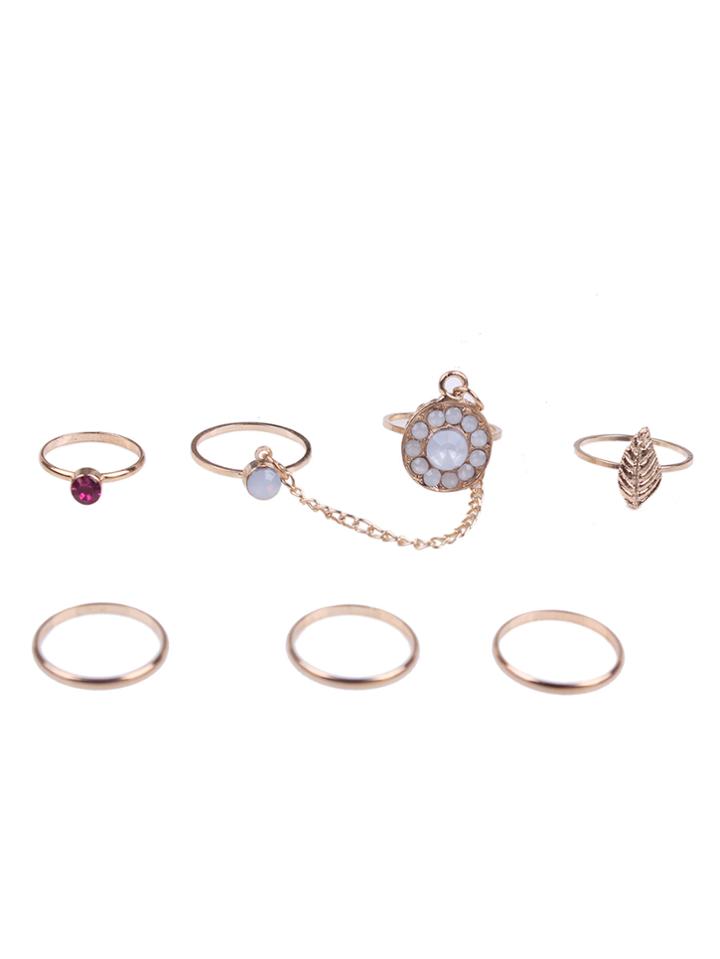 Romwe Leaf & Gemstone Design Ring Set