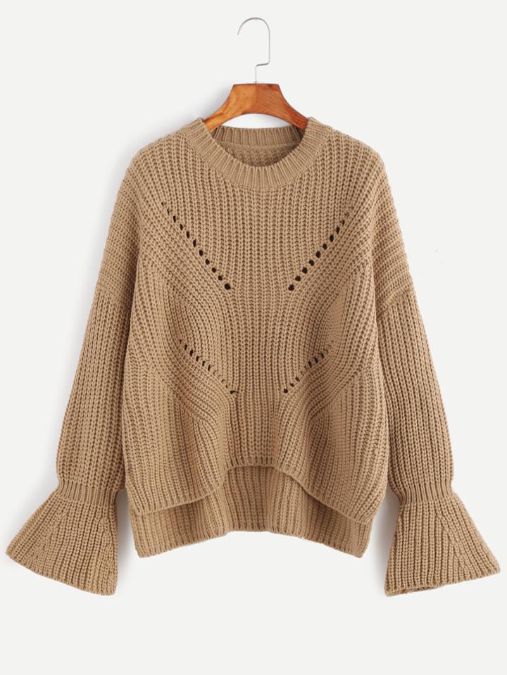 Romwe Khaki Drop Shoulder Bell Sleeve Dip Hem Eyelet Sweater
