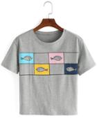 Romwe Fish Print Grey T-shirt
