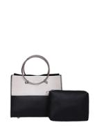 Romwe Double Ring Handle Two Tone Handbag With Clutch