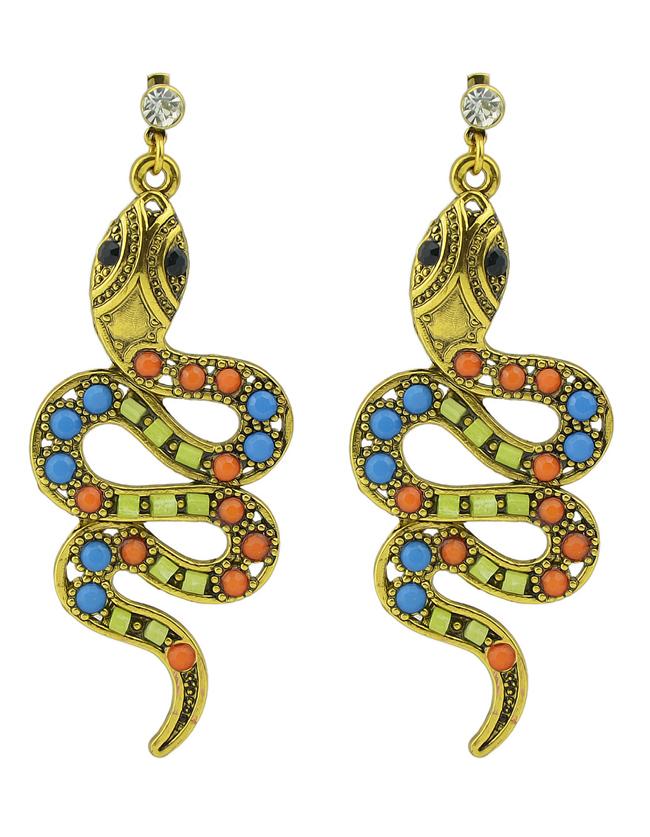 Romwe Cute Green Stone Long Snake Shape Earrings