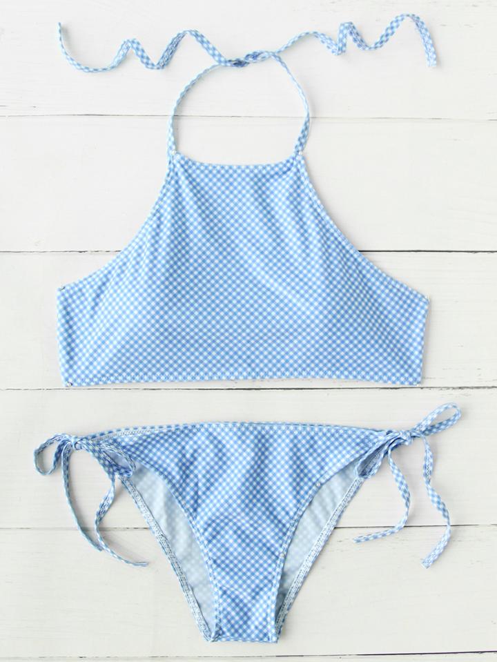 Romwe Gingham Print Side Tie Bikini Set