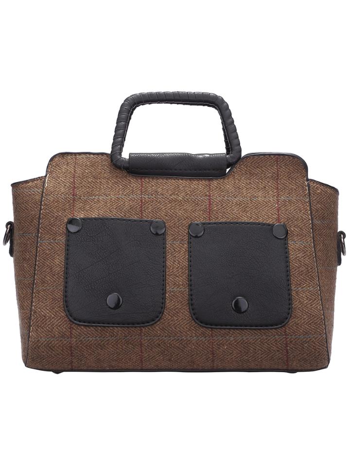 Romwe Khaki Zipper Woolen Pu Tote Bag