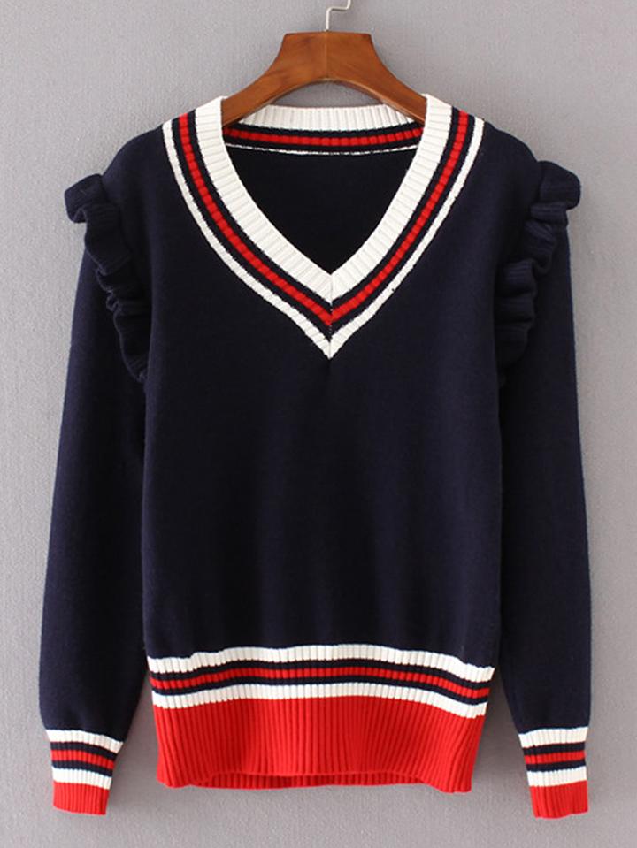 Romwe Frill Detail Striped Sweater