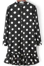 Romwe Polka Dot With Buttons Peplum Hem Black Dress
