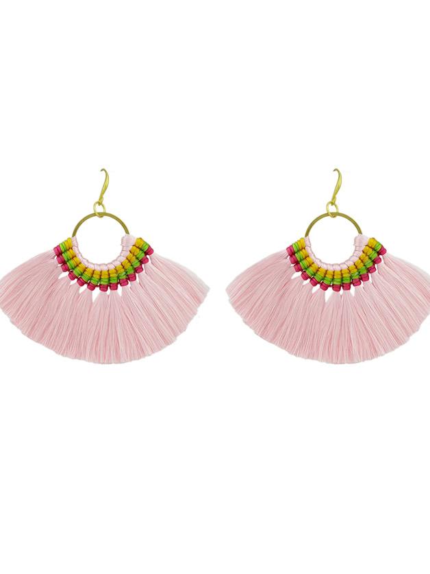 Romwe Pink Boho Fan Shaped Earrings Ethnic Style Tassel Big Earrings