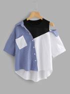 Romwe Asymmetrical Shoulder Color Block Shirt