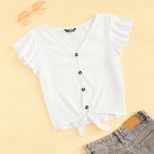 Romwe Flutter Sleeve Button Up Rib-knit Tee