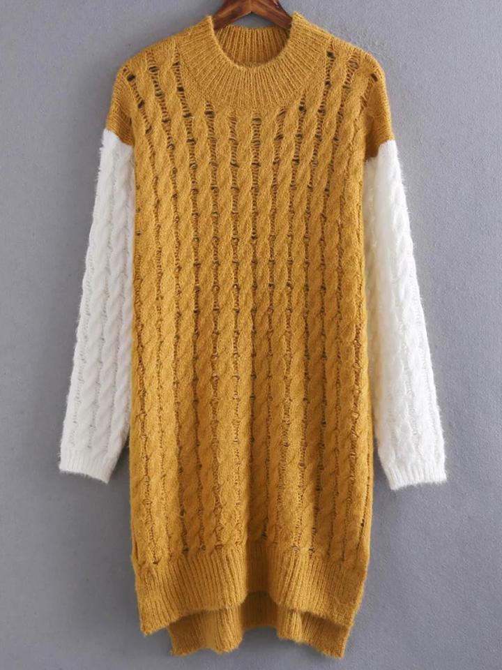 Romwe Yellow Cable Knit Color Block High Low Sweater Dress