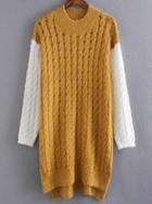Romwe Yellow Cable Knit Color Block High Low Sweater Dress