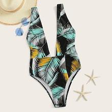 Romwe Palm Print Deep V Neck One Piece Swimwear