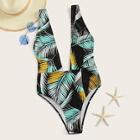Romwe Palm Print Deep V Neck One Piece Swimwear