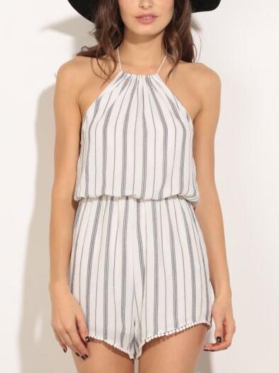 Romwe Halter Neck Pom Pom Trimmed Vertical Striped Romper