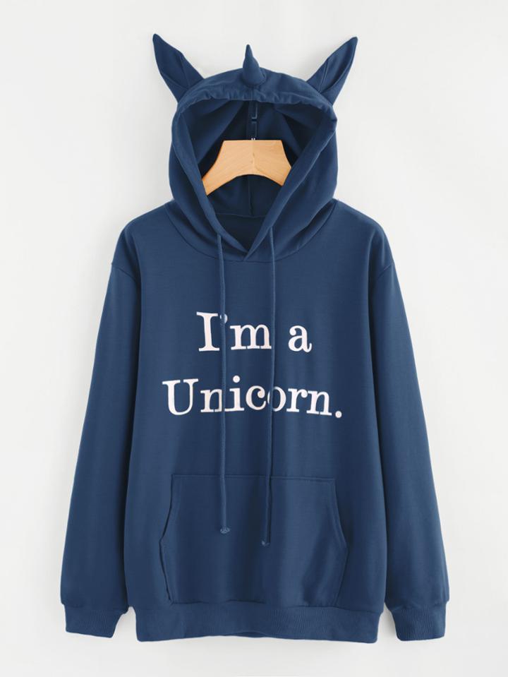 Romwe Slogan Print Unicorn Ear Hoodie With Kangaroo Pocket