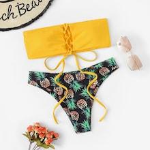 Romwe Lace-up Mix-and-match Random Pattern Bikini Set