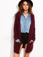 Romwe Burgundy Open Front Fluffy Sweater Coat With Pockets
