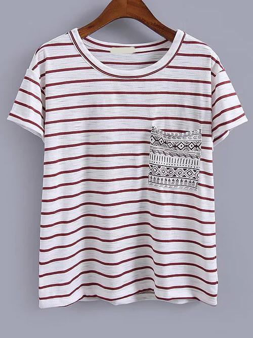 Romwe Striped Red T-shirt With Pocket
