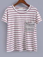 Romwe Striped Red T-shirt With Pocket