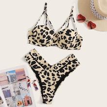 Romwe Leopard Underwired Top With High Leg Bikini Set