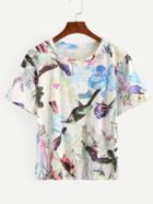 Romwe Florals Bird Print T-shirt