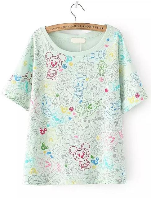 Romwe Mickey Print Green T-shirt