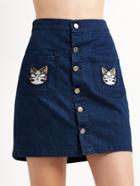 Romwe Blue Cat Embroidery Button Denim Skirt