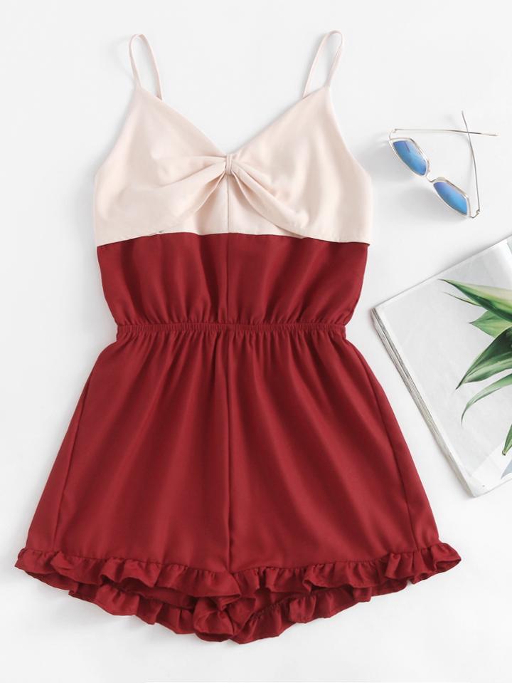 Romwe Color Block Bow Detail Frill Hem Cami Romper