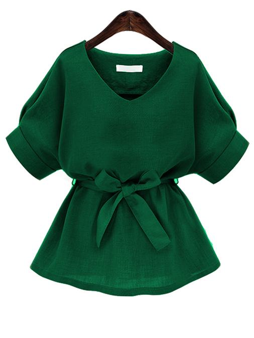 Romwe Green V Neck Self Tie Blouse