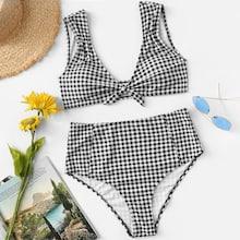 Romwe Plus Knot Front Gingham Bikini Set