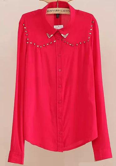 Romwe Red Lapel Long Sleeve Rivet Blouse