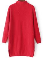Romwe Mock Neck Dip Hem Split Red Sweater Dress